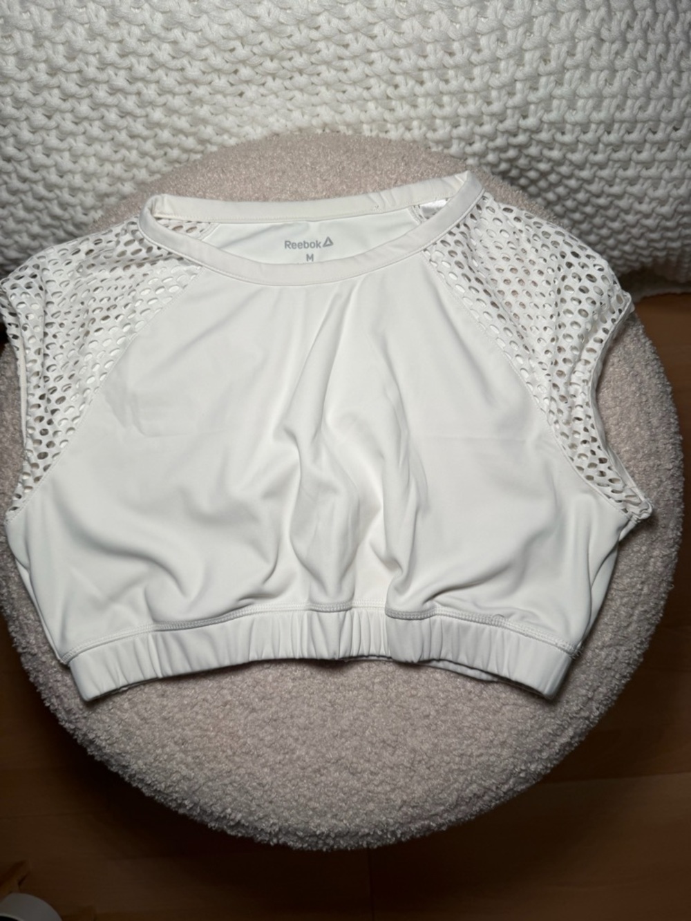 Reebok White Mesh-Sleeve Athletic Crop Top